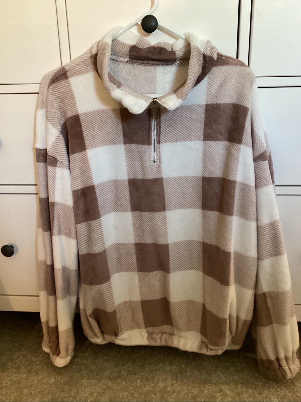 SHEIN Brown & Cream Check Quarter-Zip Pullover Sweater